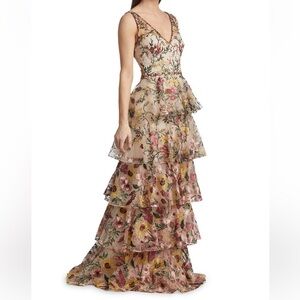 Marchesa Notte Pink and Cream Floral Tiered Dress